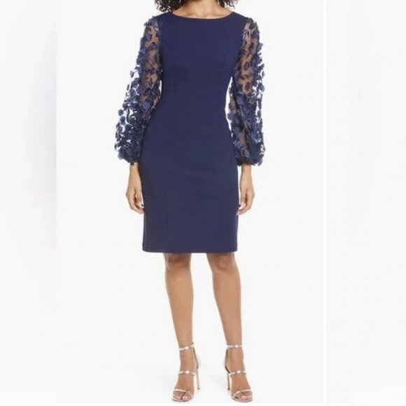 Eliza J Navy Blue Floral Applique Long Sleeve Cocktail Dress - Picture 1 of 3